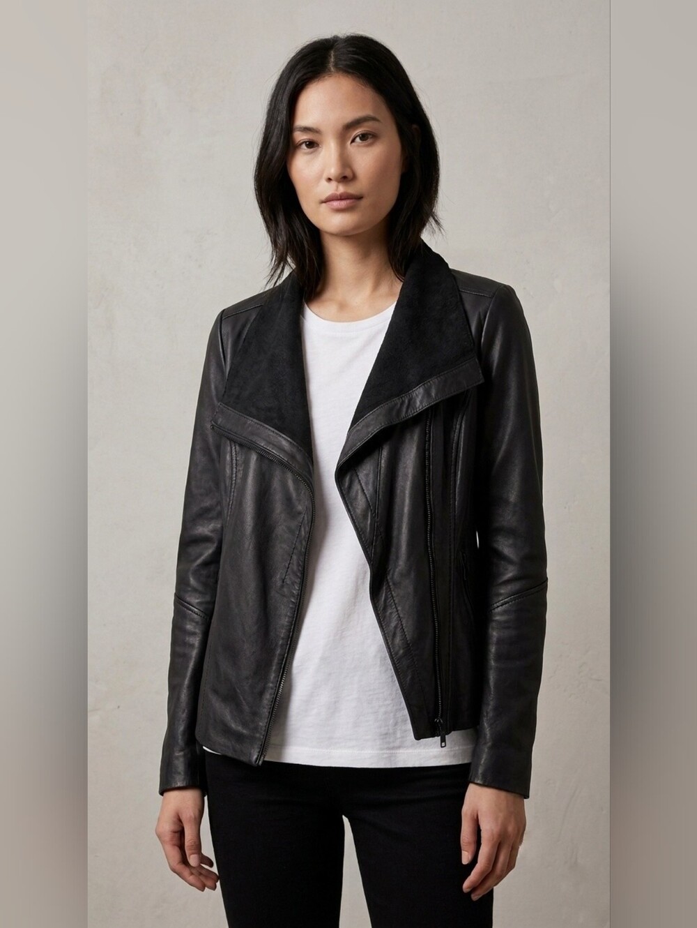 Trouvé (Nordstrom) Black Genuine Leather Asymmetrical Moto Jacket Size XS